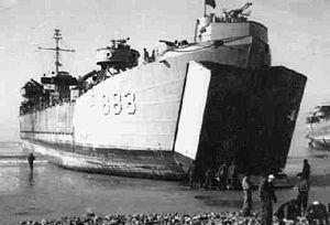 LST-883 beached, at Taeyanpyong, Korea, c. 1953