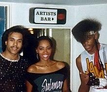 From personal collection of photos taken with a personal camera, a candid backstage photo of Howard Hewett, Jody Watley and Jeffrey Daniel in 1983.