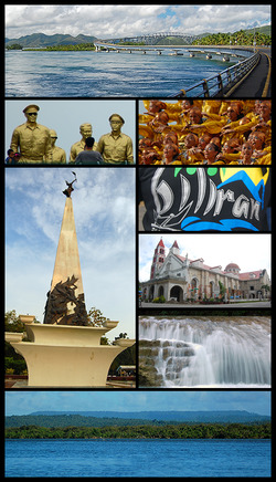 Clockwise from top: San Juanico Bridge Pintados Festival Biliran shirt Sts. Peter and Paul Cathedral in Calbayog City Blanca Aurora falls in San Jorge Mesa de Palapag The Obelisk,[1] MacArthur park in Palo, Leyte