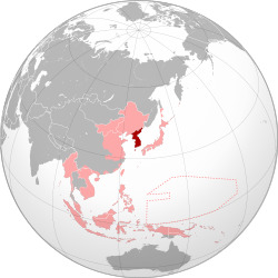 Korea (dark red) within the Empire of Japan (light red) at its greatest extent in 1942