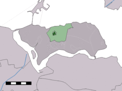 The village centre (dark green) and the statistical district (light green) of Wissenkerke in the municipality of Noord-Beveland.