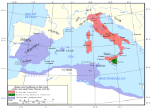 a map of the western Mediterranean region showing the territory and allies of Rome and Carthage in 218 BC