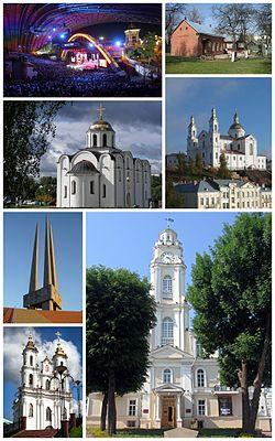 Left:Vitebsk Slavianski Bazaar, Vitebsk Annunciation Church, Pieramohi Offensive Monument in Pieramohi Square, Vitebsk Christ Resurrection Church, Right:Vitebsk Mark Chagali House, Vitebsk Assumption Cathedral, Vitebsk City Hall (all item from above to bottom)