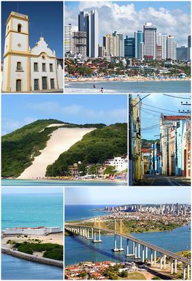 From top, left to right: Igreja Matriz de Nossa Senhora da Apresentação (Catedral Velha), in the historic center; Ponta Negra Beach and the namesake neighborhood; Morro do Careca; Chile street; Forte dos Reis Magos; and Newton Navarro Bridge and Potenji River, with a partial view of the neighborhood Santos Reis in the background.