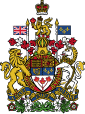 At the top there is a rendition of St. Edward's Crown, with the crest of a crowned gold lion standing on a twisted wreath of red and white silk and holding a maple leaf in its right paw underneath. The lion is standing on top of a helm, which is above the escutcheon, ribbon, motto and compartment. There is a supporter of either side of the escutcheon and ribbon; an English lion on the left and a Scottish unicorn on the right.