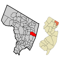 Map highlighting Tenafly's location within Bergen County. Inset: Bergen County's location within New Jersey