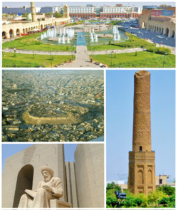Clockwise, from top: Downtown, Mudhafaria Minaret, Statue of Ibn al-Mustawfi, Citadel of Erbil