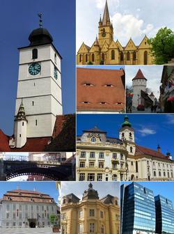 From top, left to right: Council Tower (city symbol) • Lutheran Cathedral • Eyes of Sibiu • Medieval fortifications • Bridge of Lies • City hall and Jesuit Church • Brukenthal Palace • Neo-Baroque palace • Modern high-rise buildings