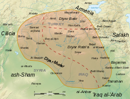 Geophysical map with regions and major cities, al-Jazira is highlighted in red