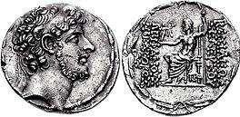 Coin of Seleucus VI. Obverse depict the king bearded. Reverse depicts the god Zeus