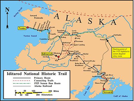 2 Feb - Sled dogs reach Nome, Alaska, with Diphtheria serum Iditarod_Trail_BLM_map