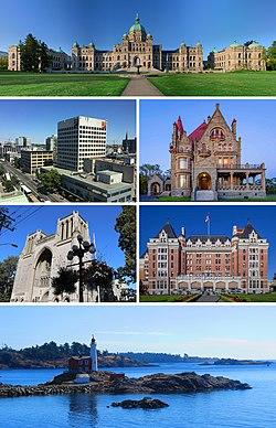 From top to bottom, left to right: the Legislative Assembly of British Columbia, Downtown Victoria, Craigdarroch Castle, Christ Church Cathedral, the Empress Hotel and the Fisgard Lighthouse
