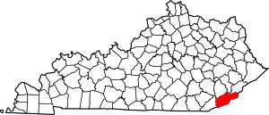 Map of Kentucky highlighting Harlan County