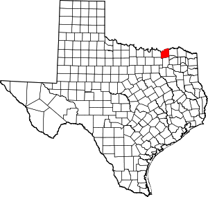 Map of Texas highlighting Fannin County