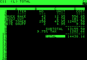 An example VisiCalc spreadsheet on an Apple II