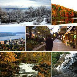 From top left: Ithaca during winter, Ithaca during autumn, Cornell University, Ithaca Commons (downtown), Hemlock Gorge in Ithaca, Ithaca Falls