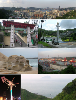 Top: A panoramic view of downtown Keelung and Keelung Port Second left: Main gate of Chung Cheng Park Second right: Start of Sun Yat-sen Freeway Third left: Northern coast of Keelung Third right: Keelung Port Bottom left: A pencil squid (Loliginidae)-style windmill in downtown Bottom right: Keelung Island