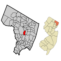 Map highlighting River Edge's location within Bergen County. Inset: Bergen County's location within New Jersey.