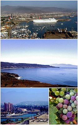 Images from top, left to right: Carnival Paradise docked in the Port of Ensenada, Bahía Todos Santos, Villa Marina Hotel, Grapes from the Guadalupe Valley