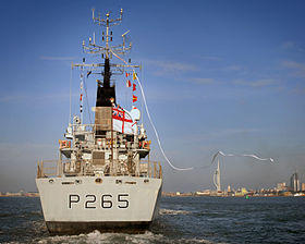 HMS Dumbarton Castle displays her Paying Off Pennant as she enters Portsmouth Harbour for the last time MOD 45147584.jpg