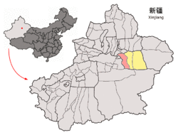 Location of Toksun County (red) within Turpan City (yellow) and Xinjiang