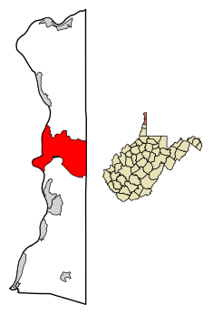 Location of Weirton in Hancock and Brooke Counties, West Virginia.