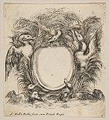 Etching of a cartouche framed by ducks and weeds