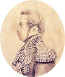 Half-length pencil or silverpoint sketch showing a young man with curly hair and long sideburns facing left who is wearing an elaborate embroidered military tunic with heavy gold epaulets, sash and medals