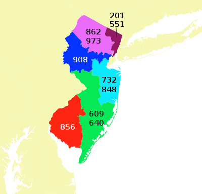 Area code map of New Jersey. The numbering plan area for 609 and 640 is highlighted in green.