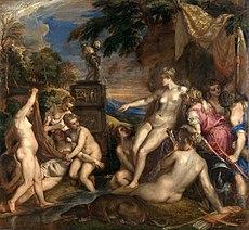 Painting of two groups of mostly nude women; on the right, the goddess Diana points accusingly at a woman in the left group who lies on the floor in a state of distress.