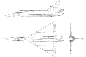 Orthographically projected diagram of the F-102A Delta Dagger.