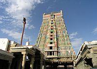 Image of Rangamannar-Andal temple in Srivilliputhur showing the pyramidal temple tower