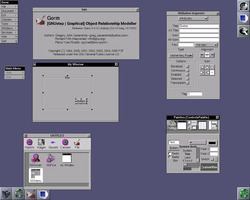 Gorm in Window Maker (on FreeBSD), showing the main windows and the inspector. Note the menu and window being edited.