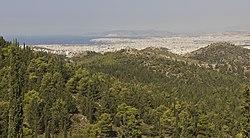 View from Kaisariani Hill looking towards Athens, with Salamis visible in the background