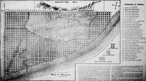 A map illustrating the devastation in Galveston. There is a dark shaded arch-area, demarcating total destruction in that region of the city