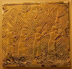 Photograph of a scene from Lachish Relief: Semitic men in Assyrian captivity, playing a later form of the Egyptian lyre