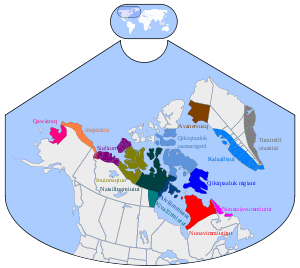 Inuktitut dialect map with labels in Inuktitut inuujingajut or local Roman alphabet