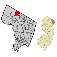 Map highlighting Upper Saddle River's location within Bergen County. Inset: Bergen County's location within New Jersey.