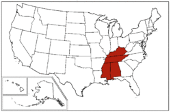 A map of the United States Census Bureau Region 3, Division 6, "East South Central", consisting of the states of Alabama, Kentucky, Mississippi and Tennessee.