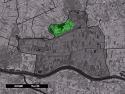 The town centre (dark green) and the statistical district (light green) of Heukelum in the former municipality of Lingewaal.