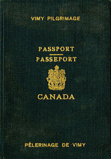 Special passport issued for the purpose of attending the 1936 Vimy pilgrimage