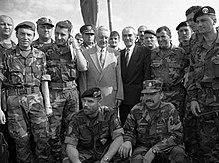 Franjo Tuđman and several Croatian Army officers at a photo op