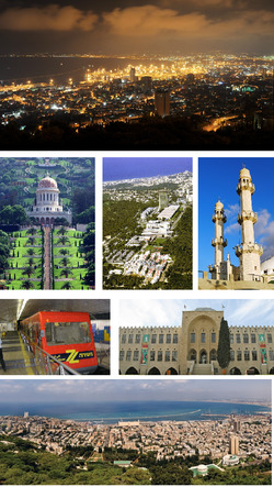 From upper left: Night view of Haifa from Mount Carmel; Bah&aacute;ʼ&iacute; World Centre; aerial view of the Haifa University; Ahmadiyya Mahmood Mosque; the Carmelit; National Museum of Science, Technology, and Space; day view of Haifa from Mount Carmel.
