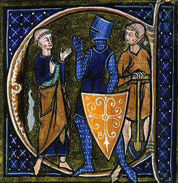 Detail from an illuminated book, with three figures shown talking, a monk on the left, a knight in armour in the middle and a peasant with a spade on the right. The picture is accented in rich blues.
