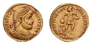 Solidus, obverse showing Julian as philosopher, reverse symbolizing the strength of the Roman army