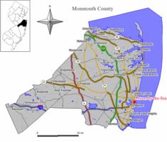 Map of Avon-by-the-Sea in Monmouth County. Inset: Location of Monmouth County highlighted in the State of New Jersey.