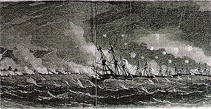 Euryalus leading the line of battle during the Bombardment of Kagoshima, 1863.