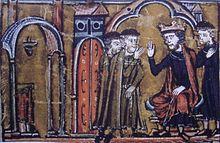 13th-century miniature of King Baldwin II granting the Al Aqsa Mosque to Hugues de Payens