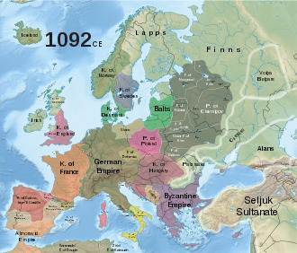 Map of Europe, showing the major realms, including the Holy Roman Empire, France as unified realms.