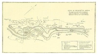 A hand-drawn map of a river with a walled town on the left